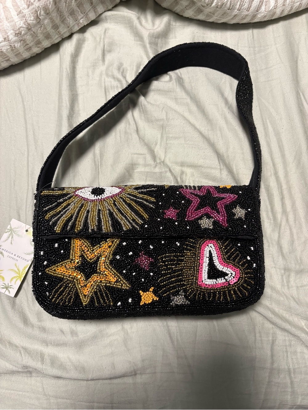 America & Beyond Beaded Black Star & Heart Shoulder Bag
